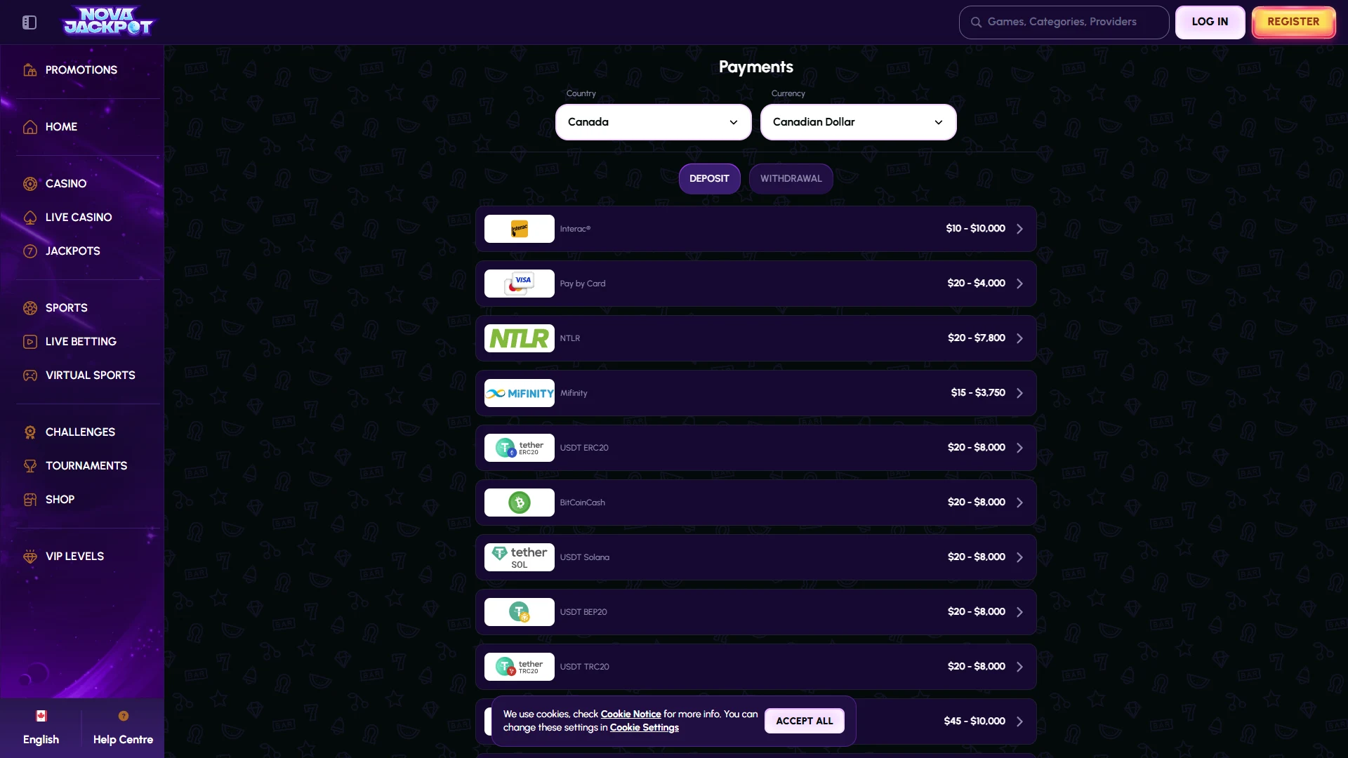 Novajackpot cashier: deposit and withdrawal options